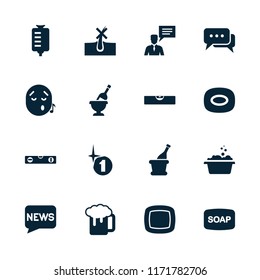 Bubble icon. collection of 16 bubble filled icons such as no hair in skin, beer mug, drop counter, man with chat bubblle, champagne. editable bubble icons for web and mobile.