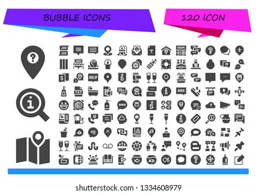 bubble icon set. 120 filled bubble icons.  Collection Of - Location, Maps, Information, Chat, Cauldron, Communication, Text, Blog, Comments, Question mark, Pin, Chewing gum, Help