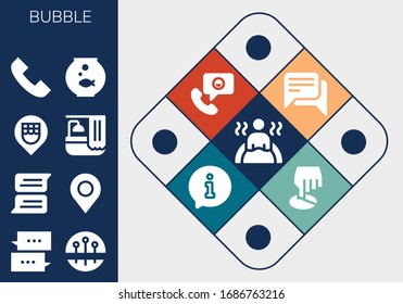 conjunto de iconos de burbuja. 13 iconos de burbuja rellenos.  Iconos modernos sencillos, como: Bath, Chat, Pins, Pin, Ubicación, Llamada Telefónica, Fishbowl, Información, Posición