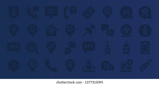 bubble icon set. 32 filled bubble icons. on blue background style Simple modern icons about  - Information, Pin, Sms, Chat, Location, Phone call, Question, Soap, Fountain, Champagne