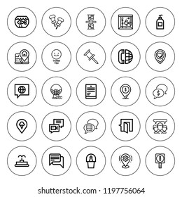 Bubble icon set. collection of 25 outline bubble icons with aquarium, champagne, chat, discussion, fountain, info, gum, message, map location icons. editable icons.