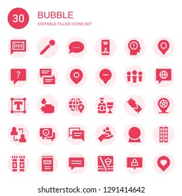 bubble icon set. Collection of 30 filled bubble icons included Chat, Pin, Bubble, Think, Chat Location, Text, WASHING HANDS, Champagne, Help, Discussion, Crystal ball