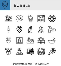 bubble icon set. Collection of Location, Fish therapy, Chat, Liquid soap, Wedding date, Color circle, Marker, Cold water, Lava lamp, Hand wash, Pin, Social network, Oxygen icons