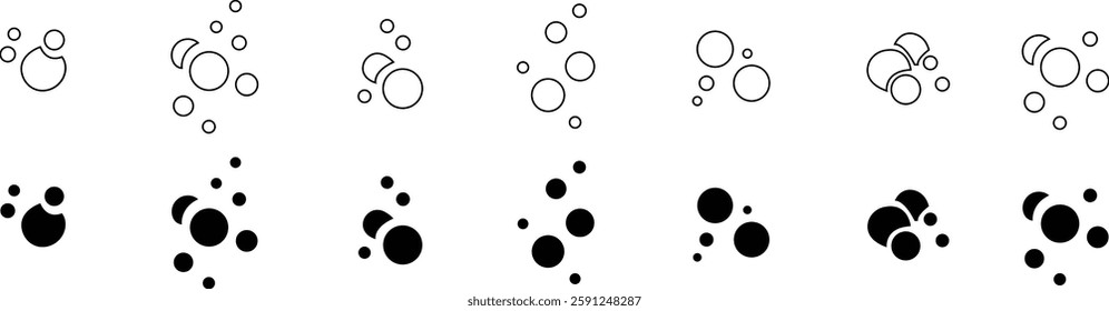 bubble icon set, Fizzy Drink, Water Bubble Black Pictogram. Effervescent Champagne. Sphere Foam, Aquarium. Clear Soda Drops Line and Silhouette Icons. Soap Symbols, on transparent background Vector