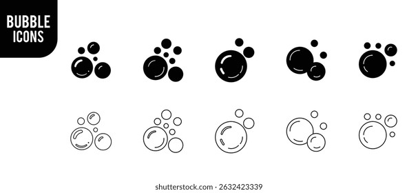 "Bubble Icon Set Vector. Soap, Foam, Oxygen, and Effervescent Effect Line Icons Collection."