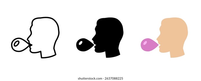 Bubble icon. Side profile of a person blowing chewing gum bubble vector illustration. Playful and expressive gesture symbol. Youthful and fun behavior sign. Sweet treat pictogram.