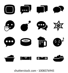 Bubble icons. set of 16 editable filled bubble icons such as level ruler, explosion, chat, laundry, emoji listening music, bye emot, message, jacuzzi, baby bath, soap