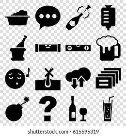 Bubble icons set. set of 16 bubble filled icons such as level ruler, no hair in skin, explosion, laundry, emoji listening music, beer mug, soda, drop counter, champagne