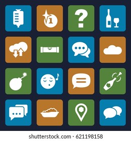 Bubble icons set. set of 16 bubble filled icons such as level ruler, baby bath, explosion, chat, emoji listening music, drop counter, location, champagne, cloud