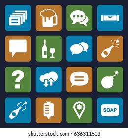 Bubble icons set. set of 16 bubble filled icons such as level ruler, explosion, chat, soap, beer mug, drop counter, location, champagne, download upload cloud, message