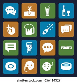 Bubble icons set. set of 16 bubble filled icons such as soap, no hair in skin, explosion, level ruler, emoji listening music, bye emot, beer mug, soda, chat, champagne