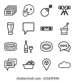 Bubble icons set. set of 16 bubble outline icons such as explosion, Soap, soap, laundry, level ruler, location, chat, champagne, cloud, soda, bye emot, wine glass and bottle