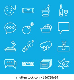 Bubble icons set. set of 16 bubble outline icons such as level ruler, no hair in skin, explosion, soap, laundry, chat, champagne, download upload cloud, emoji listening music