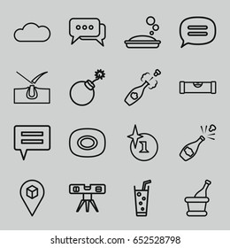 Bubble icons set. set of 16 bubble outline icons such as level ruler, soap, shave hair in skin, explosion, soda, location, chat, champagne