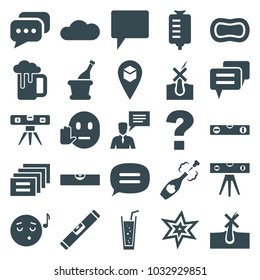 Bubble icons. set of 25 editable filled bubble icons such as no hair in skin, explosion, level ruler, question, emoji listening music, soda, drop counter, message, chat
