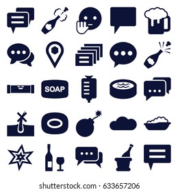 Bubble icons set. set of 25 bubble filled icons such as level ruler, baby bath, no hair in skin, explosion, soap, soap, bye emot, beer mug, drop counter, location, chat