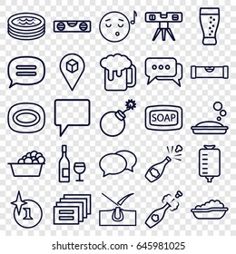 Bubble icons set. set of 25 bubble outline icons such as level ruler, baby bath, shave hair in skin, explosion, chat, soap, soap, laundry, drop counter, location, champagne