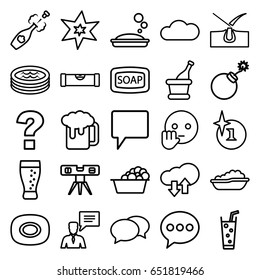 Bubble icons set. set of 25 bubble outline icons such as level ruler, baby bath, soap, shave hair in skin, explosion, chat, soap, laundry, soda, man with chat bubblle