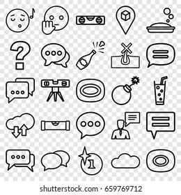 Bubble icons set. set of 25 bubble outline icons such as level ruler, soap, no hair in skin, explosion, chat, soda, location, man with chat bubblle, cloud
