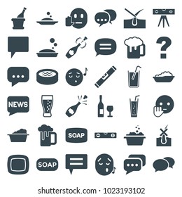 Bubble icons. set of 36 editable filled bubble icons such as baby bath, shave hair in skin, chat, soap, soap, laundry, level ruler, question, emoji listening music, bye emot