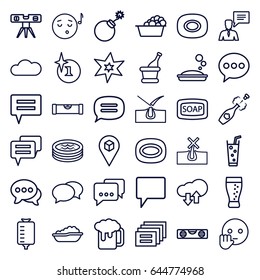 Bubble icons set. set of 36 bubble outline icons such as level ruler, baby bath, soap, no hair in skin, shave hair in skin, explosion, chat, soap, laundry, soda, drop counter