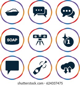Bubble icons set. set of 9 bubble filled icons such as baby bath, explosion, Soap, level ruler, chat, champagne