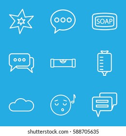bubble icons set. Set of 9 bubble outline icons such as level ruler, explosion, Soap, drop counter, cloud, chat
