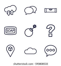 bubble icons set. Set of 9 bubble outline icons such as level ruler, explosion, chat, Soap, location, cloud, download upload cloud