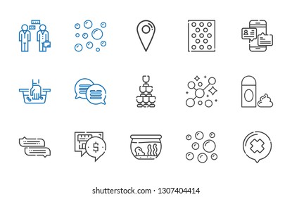 bubble icons set. Collection of bubble with chat, bubbles, fishbowl, foam, champagne, hand wash, bubble warp, location, conversation. Editable and scalable icons.