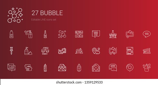 bubble icons set. Collection of bubble with chat, location, marker, message, soap, maps, foam, pin, champagne, detergent, stapler remover. Editable and scalable bubble icons.