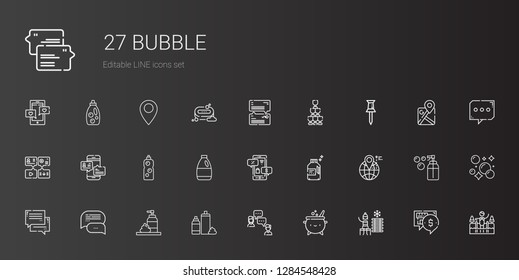 bubble icons set. Collection of bubble with cold water, cauldron, chat, foam, location, detergent, negotiation, message, pin, champagne, soap. Editable and scalable bubble icons.