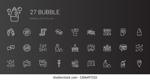 bubble icons set. Collection of bubble with foam, chat, pin, soap, bubbles, cold water, champagne, no chatting, conversation, message, detergent. Editable and scalable bubble icons.