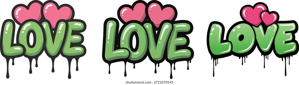 Grafiti de letras de burbujas con pintura goteante y corazones