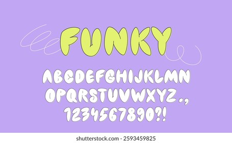 Bubble letters vector typeface. Puffy funky font y2k and graffiti aesthetic. Balloon alphabet with numbers and signs. Editable stroke
