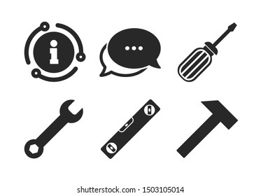 Bubble level and hammer sign symbols. Chat, info sign. Screwdriver and wrench key tool icons. Classic style speech bubble icon. Vector