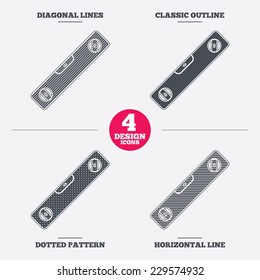 Bubble level sign icon. Spirit tool symbol. Diagonal and horizontal lines, classic outline, dotted texture. Pattern design icons.  Vector