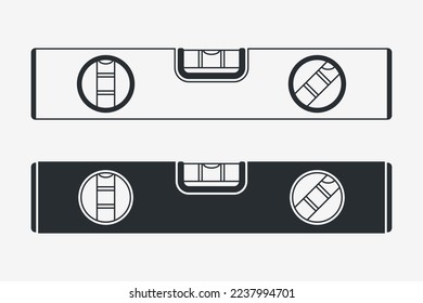 Silueta de nivel de burbuja y contorno. Nivel de construcción. Equipo de medición. Vector aislado en blanco