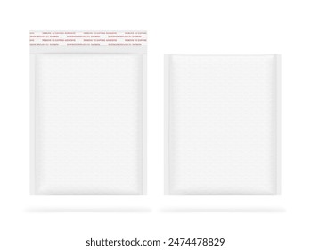 Bubble mailer padded envelope shipping bag opened and closed mockups. Vector illustration isolated on white background. Ready for your design. EPS10.