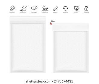 Bubble mailer padded envelope shipping bag opened and closed mockups with set icons. Vector illustration isolated on white background. Ready for your design. EPS10.