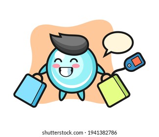 Bubble mascot cartoon holding a shopping bag