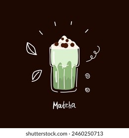 Bubble matcha. Tea and milkshakes with boba balls. Summer cold drink with tapioca pearls. Glass and takeaway plastic cups. Fruit yummy smoothie. Menu card. Doodle drawing. Cartoon isolated illustratio