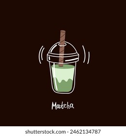 Bubble matcha. Tea and milkshakes with boba balls. Summer cold drink with tapioca pearls. Glass and takeaway plastic cups. Fruit yummy smoothie. Menu card. Doodle drawing. Cartoon isolated illustratio