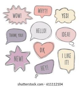 bubble message, Trendy speech bubbles set in flat design with short messages. Template web design. Quote a flat style. in linear and flat style. cute vintage colors, hand drawn  hipster stickers 