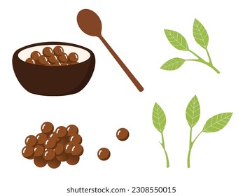 Bubble milk ball and green tea leaves icon sign isolated on white background vector illustration.