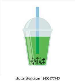 The bubble milk green tea. Black pearl milk tea is famous drink large and small cup vector. Glass of drink with tubule and white background.