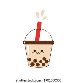 Bubble milk green tea cup cartoon with milk splash icon on white background vector illustration. Cute cartoon style.