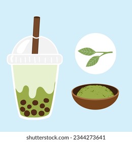 Bubble milk green tea cup with tapioca balls, green tea powder bowl and green tea sign on blue background vector illustration.