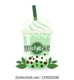 The bubble milk green tea,has brown pearls and ice  inside,whipped cream and green tea powder pour on top,for shops, for advertisement signage,Minimal style,Isolated on a white background,vector.
