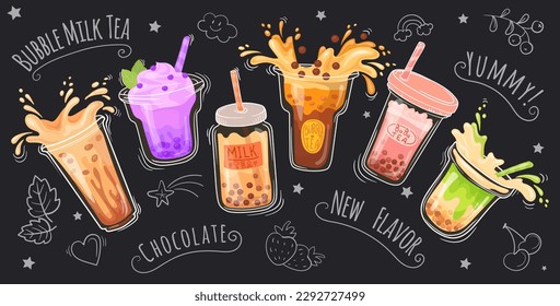 Milchplakat für Blasen. Boba Perltee mit Tapioca-Blase, Smoothies-Saft-dynamischer Splash für Getränkewerbung, cooler Cartoon Milchshake Kaffeegetränke Vektorgrafik Tapioca-Getränk süß