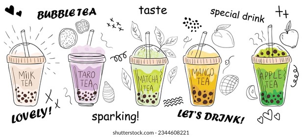 Bubble milk tea ads with cute doodle decoration. Realistic cold tea with tapioca splashing liquid. Vector illustration.